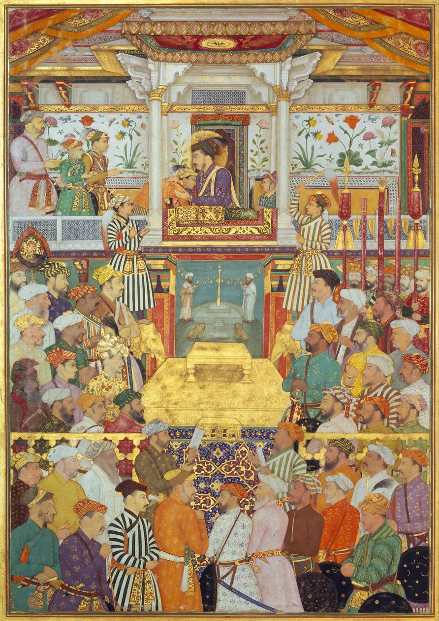 Padshahnama plaat 10: Shah-Jahan ontvangt zijn drie oudste zonen en Asaf Khan tijdens zijn toetredingsceremonies (8 maart 1628) door Bichitr
