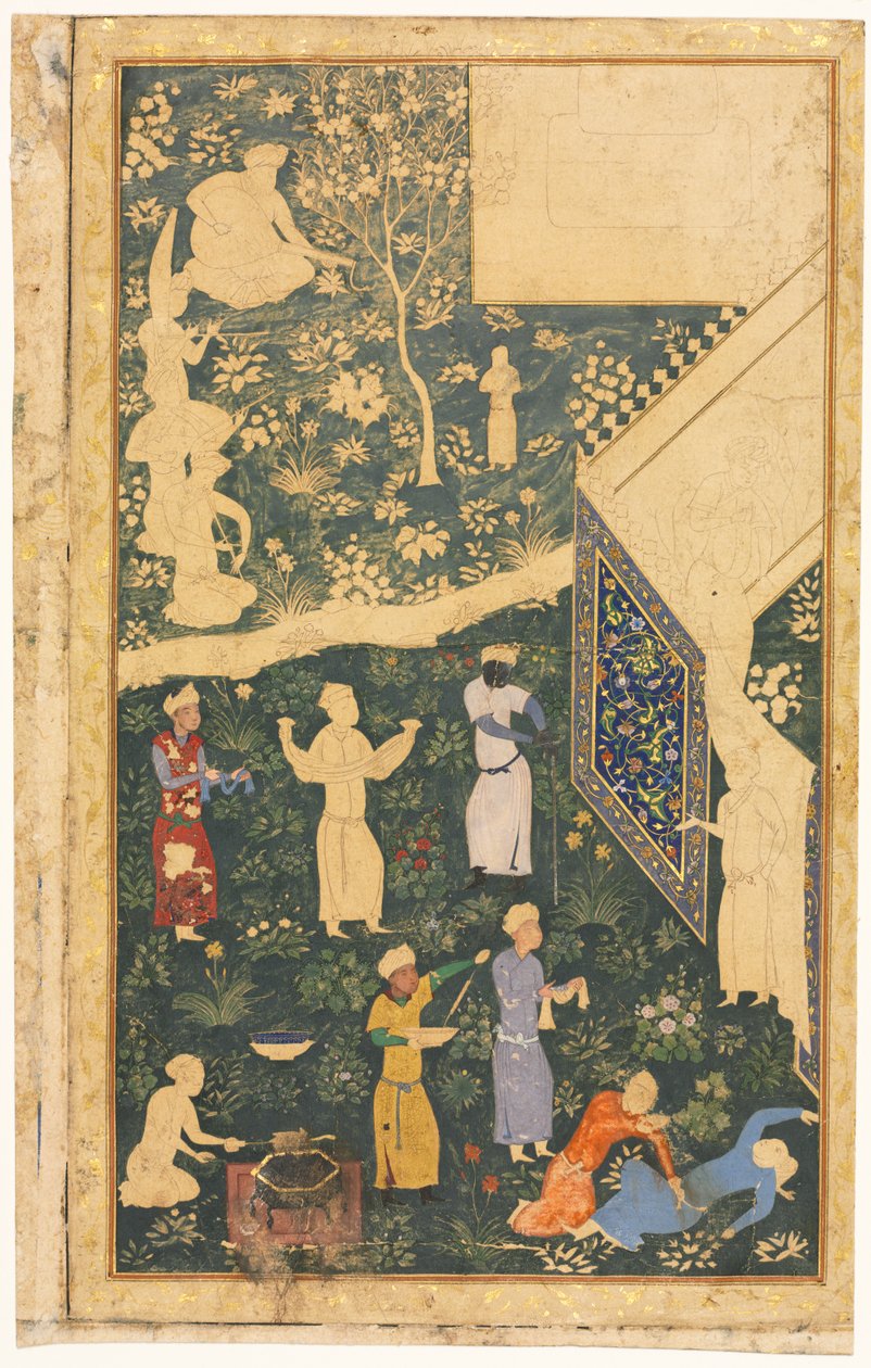 Muzikanten en bedienden buiten een koninklijk kampement recto, ca. 1485 door Bihzad