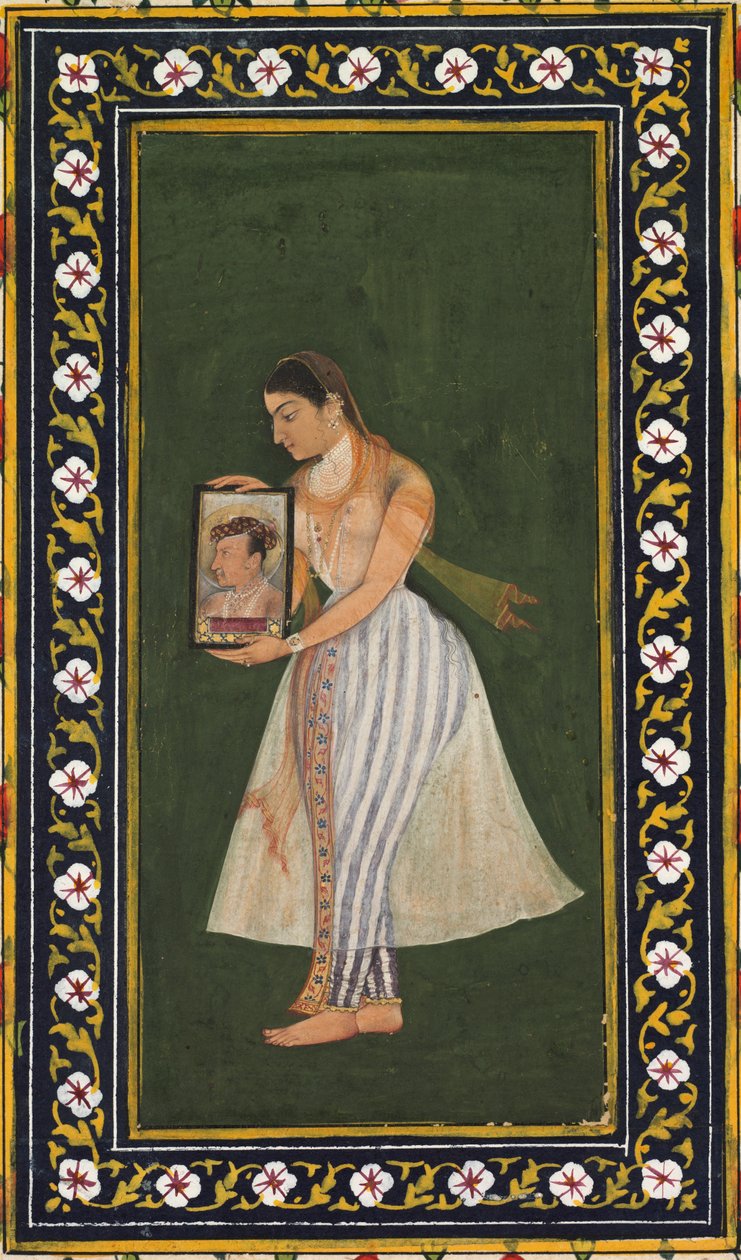 Nur Jahan die een Portret van Keizer Jahangir Vasthoudt door Bishandas