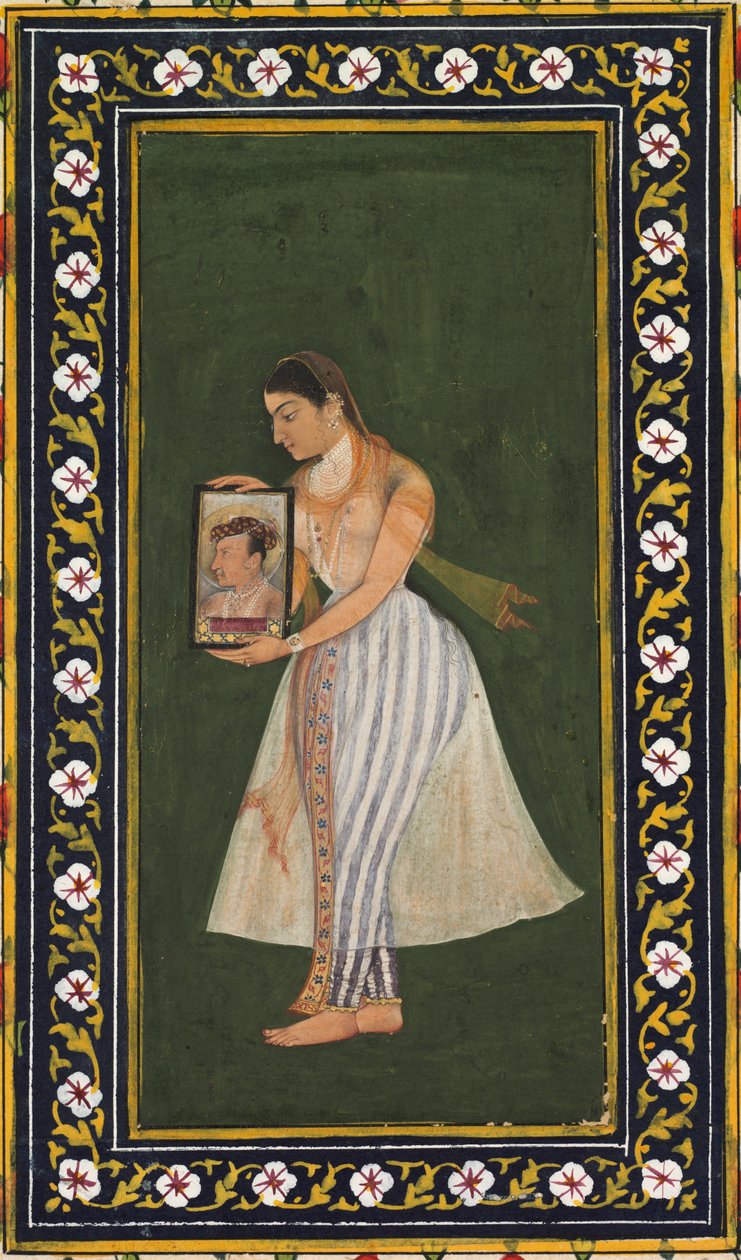 Nur Jahan, met een portret van keizer Jahangir, ca. 1627 door Bishandas