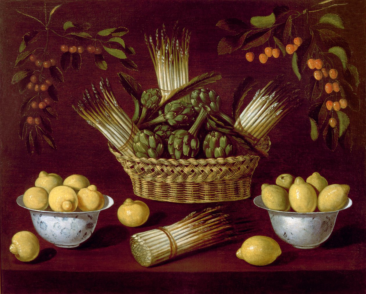 Stilleven met asperges, artisjokken, citroenen en kersen door Blas de Ledesma