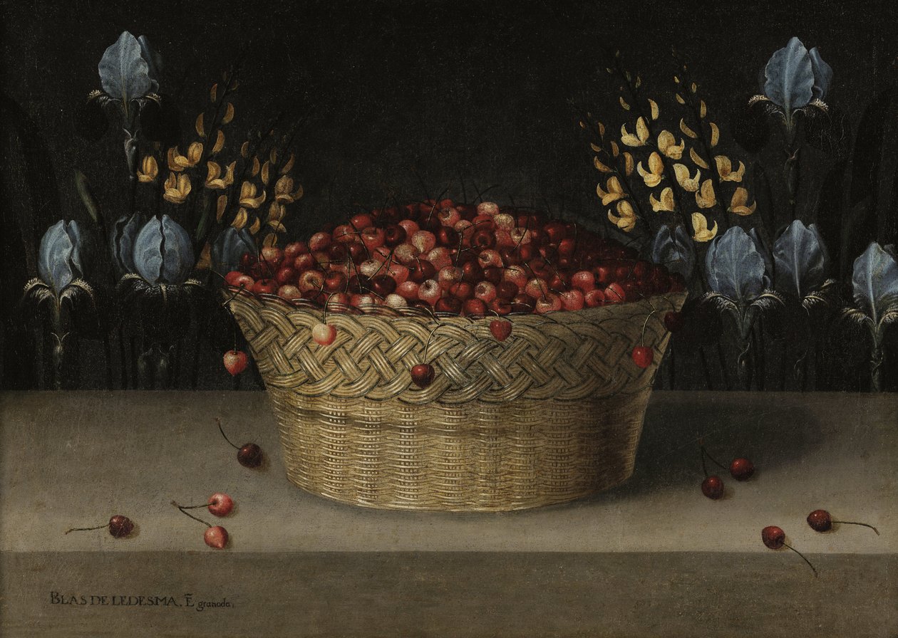 Stilleven met kersen, lupine en iris, c.1610 door Blas de Ledesma