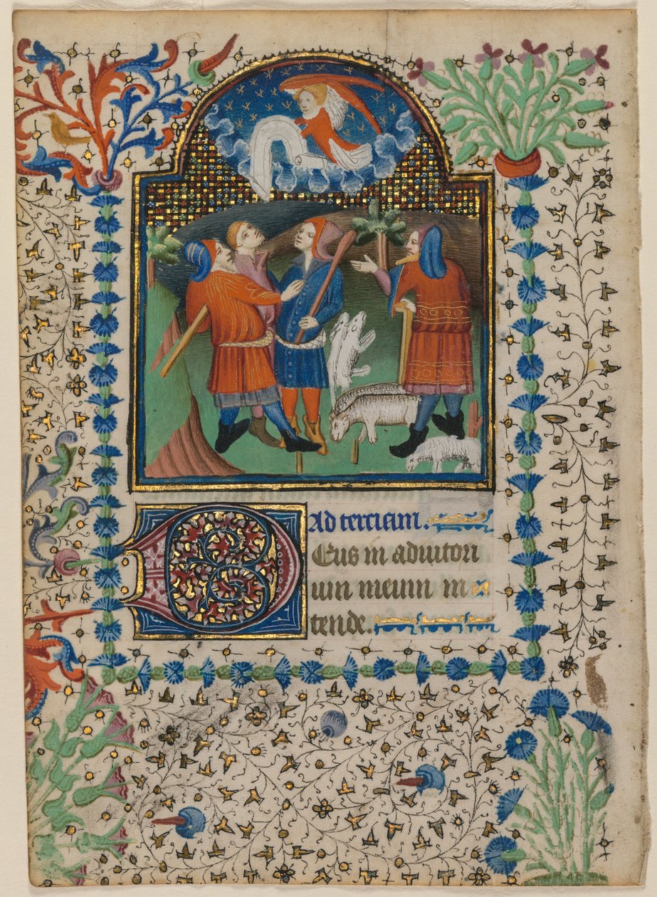 Blad uit een getijdenboek: Aankondiging aan de herders recto en tekst verso, ca. 1410-20 door Boethius Illuminator