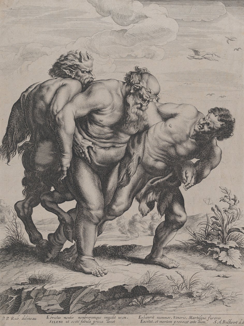 De dronken Silenus, ondersteund door een sater en een faun door Boetius Adams Bolswert