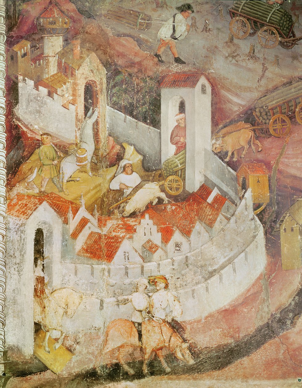 De Maand December, detail van het transporteren van boomstammen, ca. 1400 door Bohemian School