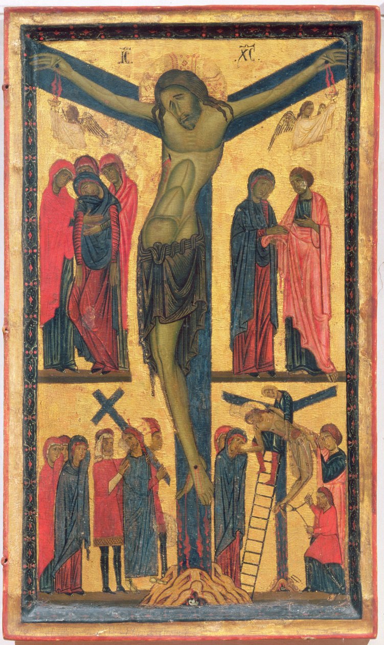 De Kruisiging met Heilige vrouwen, rouwenden, Christus op de Weg naar Calvarië en de Kruisafneming, rechterpaneel van een diptiek door Bonaventura Berlinghieri