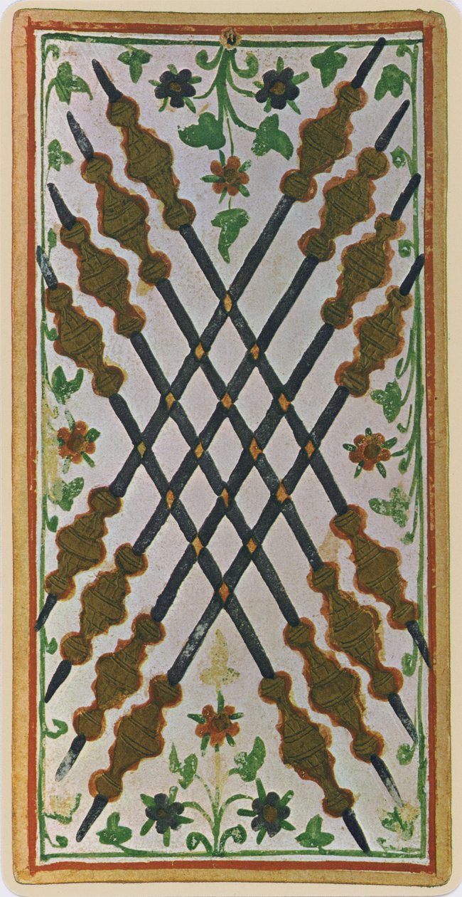 De Acht van Staven, facsimile van een tarotkaart uit het 