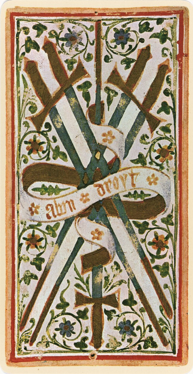 De Vijf van Zwaarden, facsimile van een tarotkaart uit het 