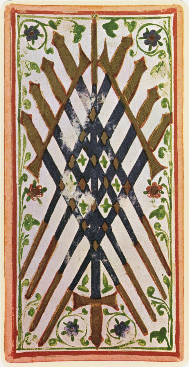 De Negen van Zwaarden, facsimile van een tarotkaart uit het 