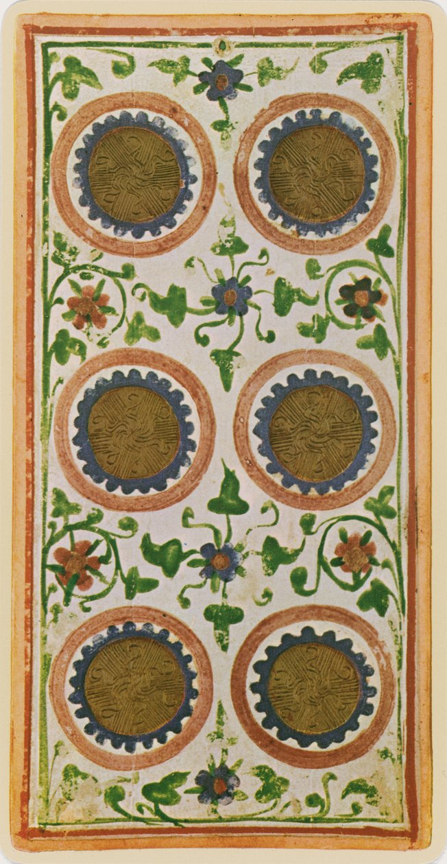 De Zes van Munten, facsimile van een tarotkaart uit het 