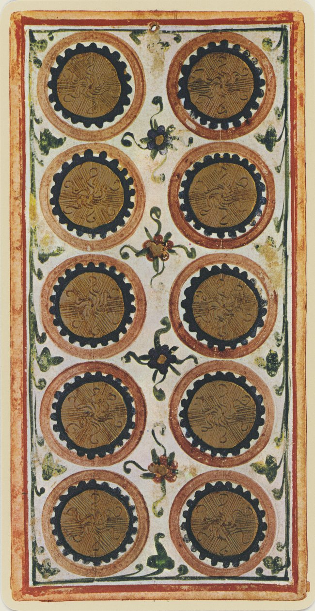 De Tien van Munten, facsimile van een tarotkaart uit het 