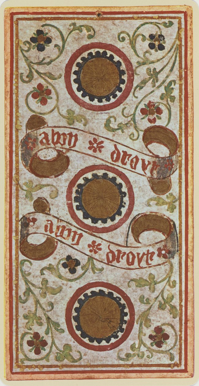 De Drie van Munten, facsimile van een tarotkaart uit het 