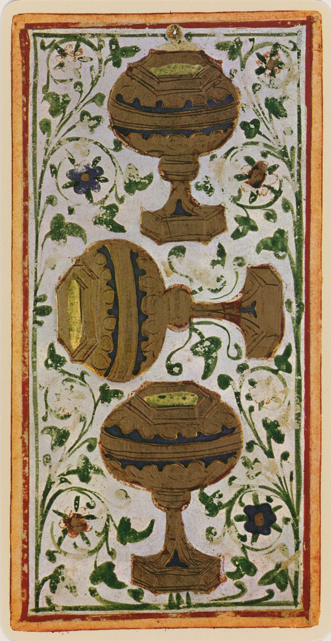 De Drie van Bekers, facsimile van een tarotkaart uit het 