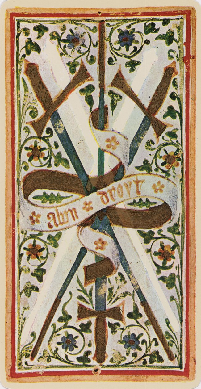 De Drie van Zwaarden, facsimile van een tarotkaart uit het 