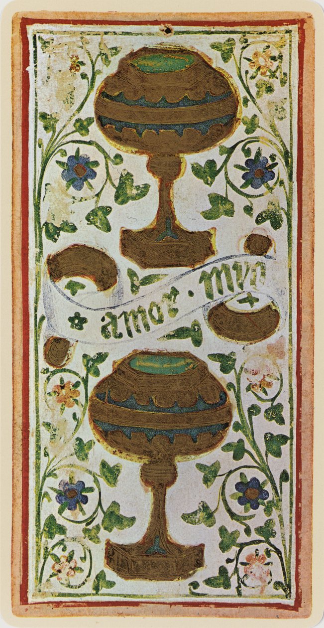 De Twee van Bekers, facsimile van een tarotkaart uit het 