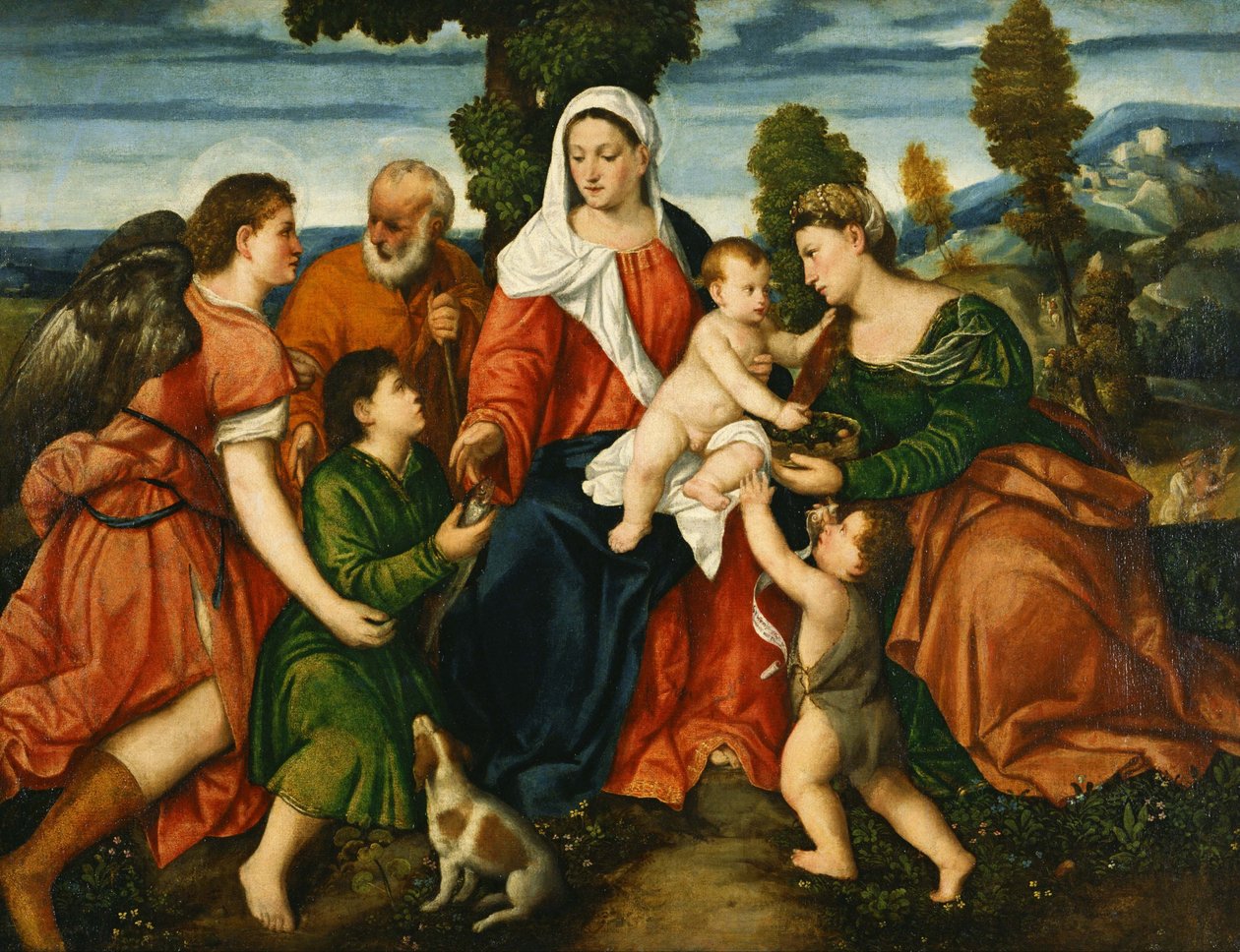 De Heilige Familie met Tobias en de Engel, Sint Dorothea, Giovannino en het Wonder van het Graan door Bonifazio Veronese