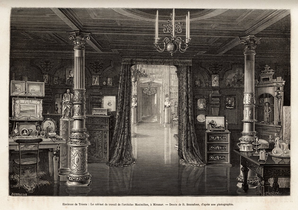 Het werkvertrek van de aartshertog van Oostenrijk Maximiliaan (1832-1867), in het kasteel van Miramar, dat hij liet bouwen in de buurt van Triëst, vanaf 1857, toen hij werd uitgeroepen tot onderkoning van het koninkrijk Lombardije en Veneto, gegraveerd doo door Bonnafoux Bonnafoux