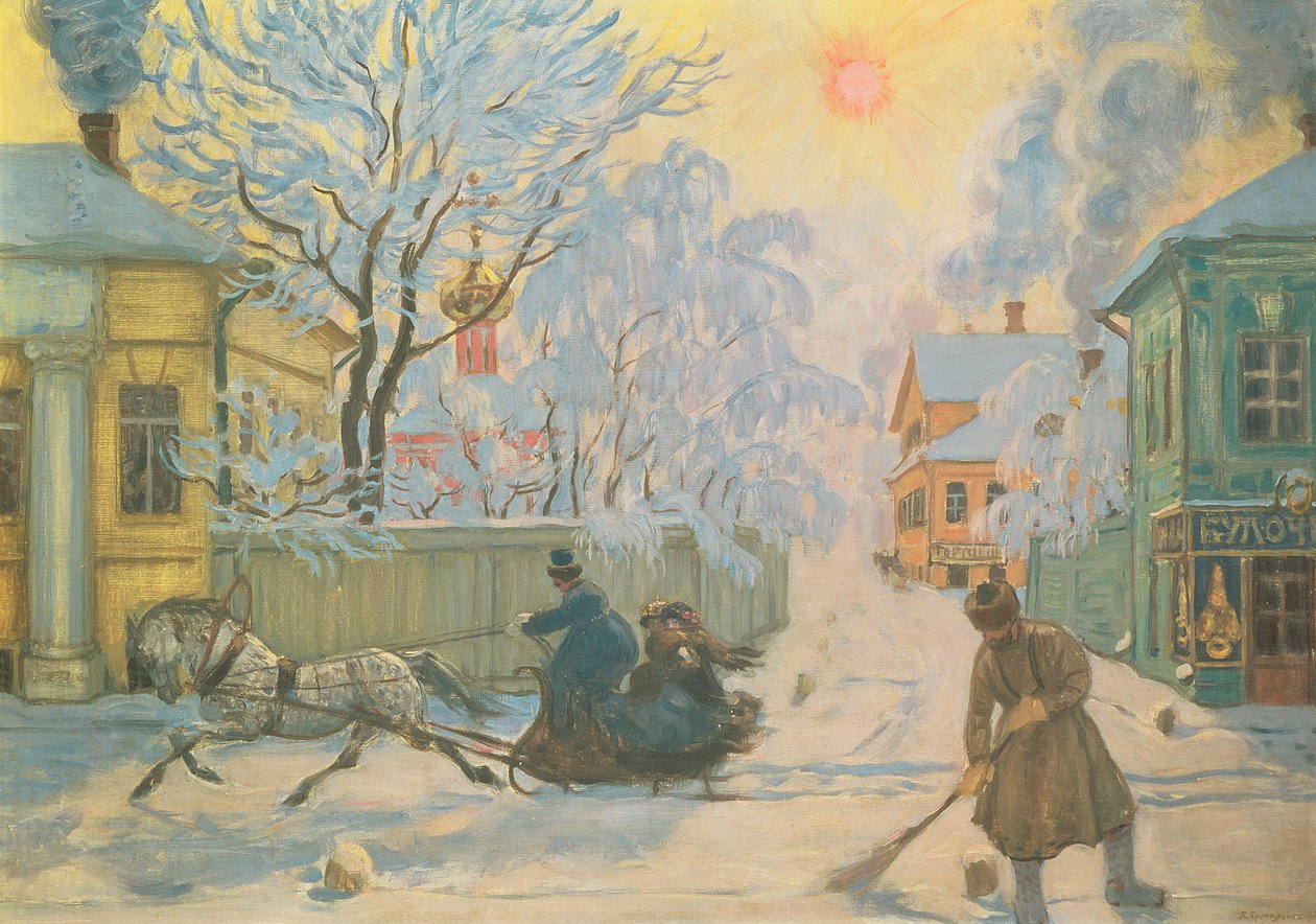 Koude ochtend door Boris Mikhailovich Kustodiev