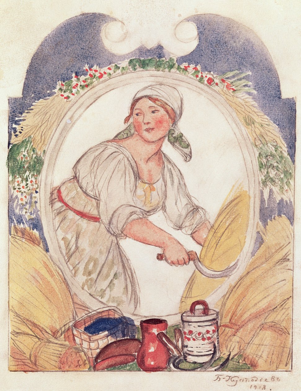 De maaier, studie voor de decoratie van het Ruzheinaya (Rifle) plein in Petrograd, 1918 door Boris Mikhailovich Kustodiev