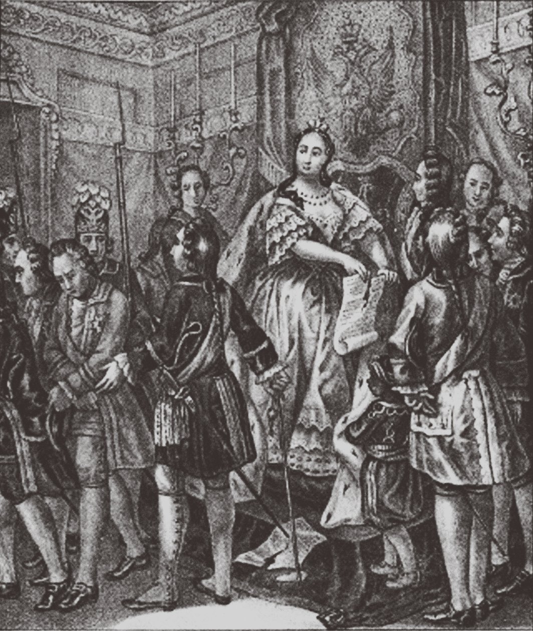 Anna Ioannovna scheurt de voorwaarden, 1730 door Boris Artemyevich Chorikov