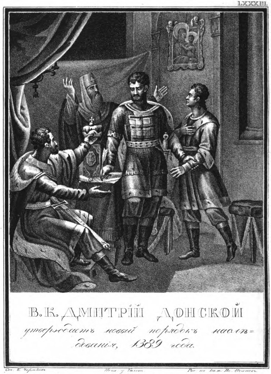 Dmitry Donskoy keurt een nieuwe opvolgingsorde goed, 1389, Uit Geïllustreerde Karamzin, 1836 door Boris Artemyevich Chorikov