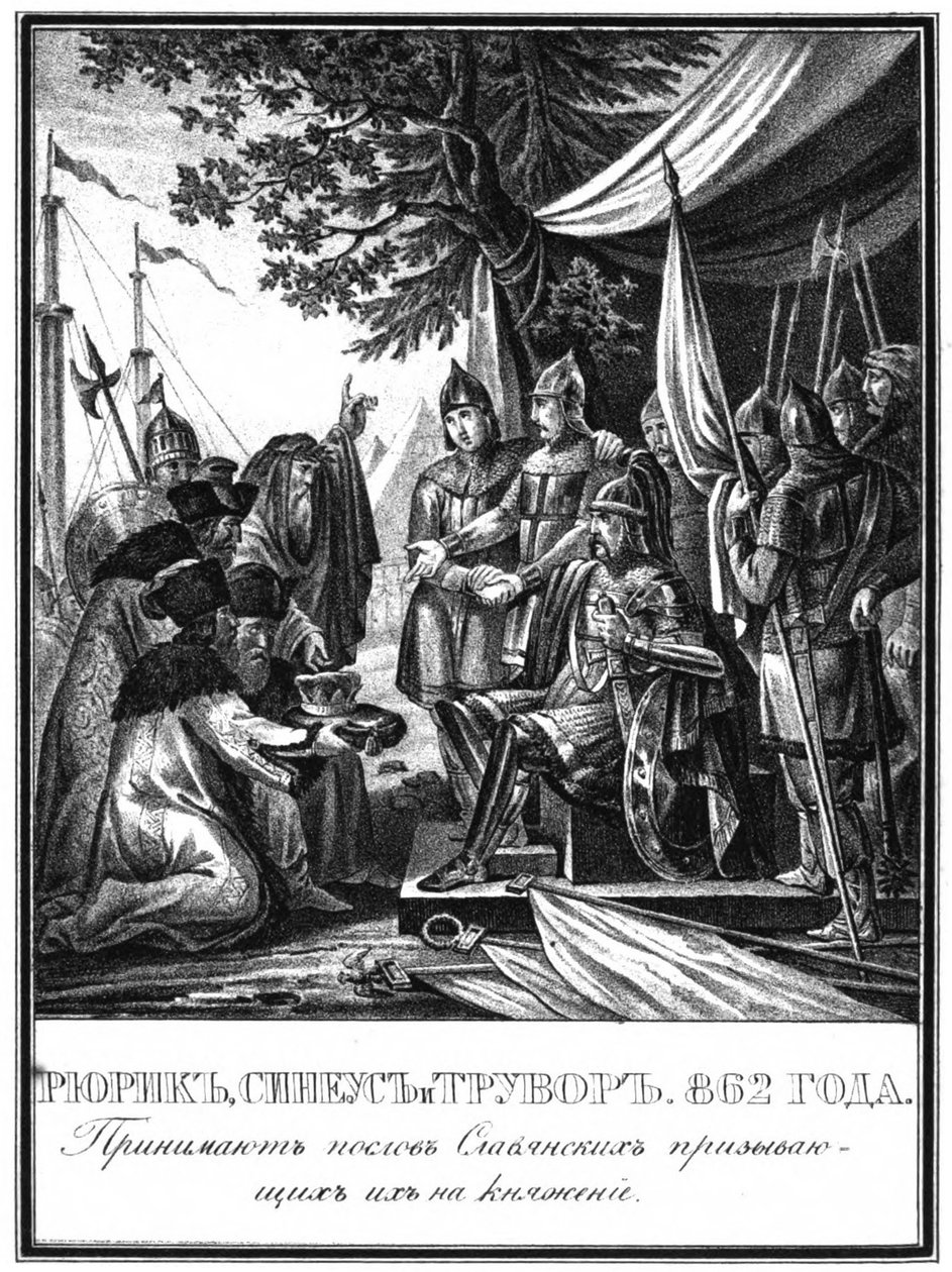 Rurik, Sineus en Truvor. De Uitnodiging van de Varangians, 862 Uit Geïllustreerde Karamzin, 1836 door Boris Artemyevich Chorikov