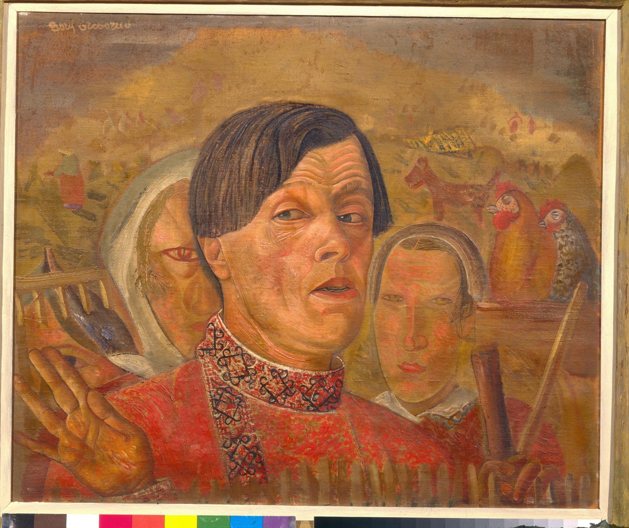 Zelfportret met de haan en de hen door Boris Dmitrievich Grigoriev