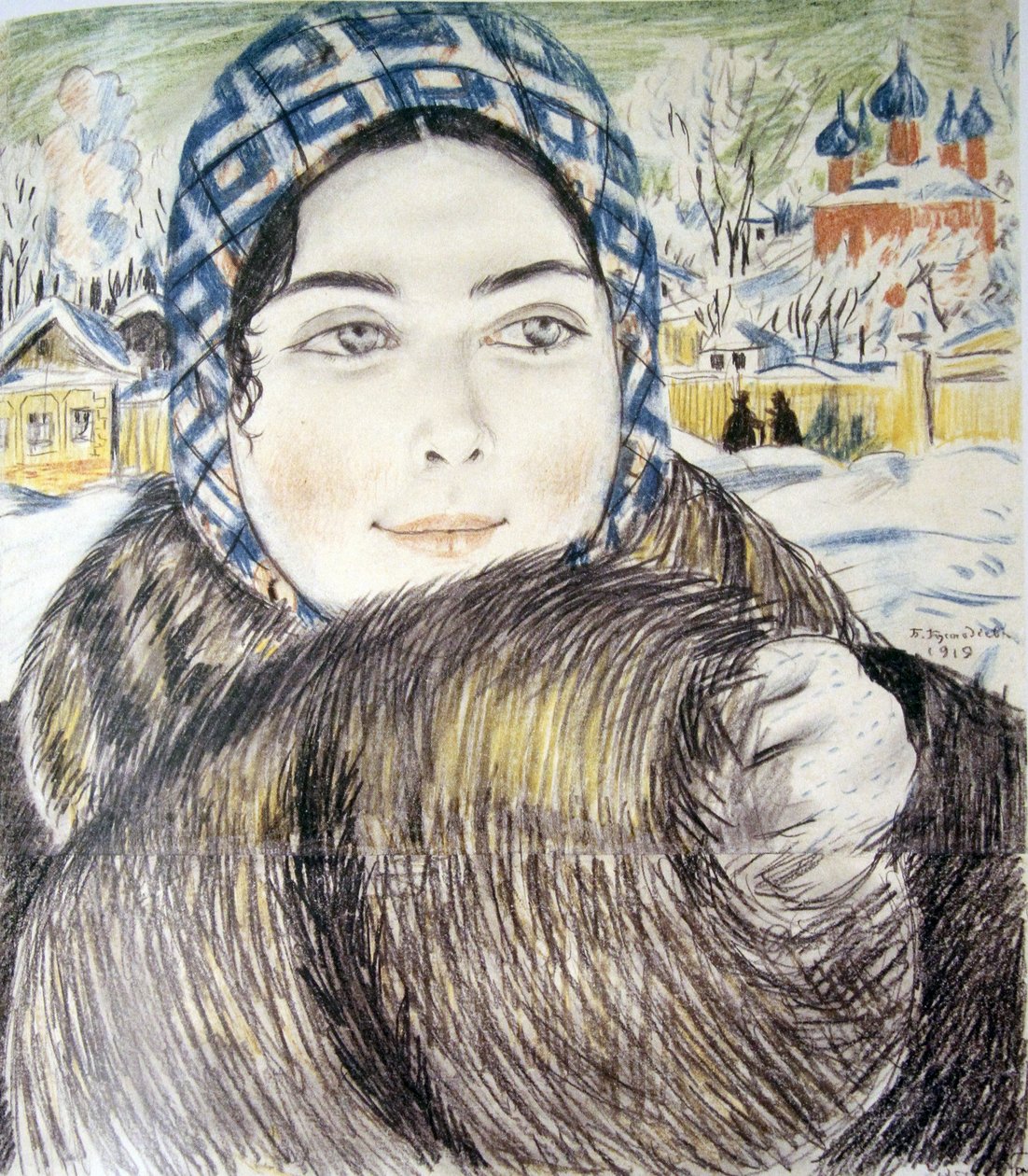De vrouw van een jonge koopman in een geruite sjaal door Boris Mikhailovich Kustodiev