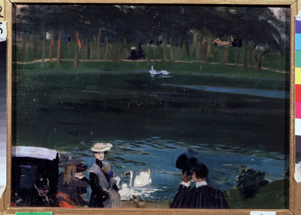 Bois de Boulogne. Het meer met zwanen en wandelaars door Boris Mikhailovich Kustodiev