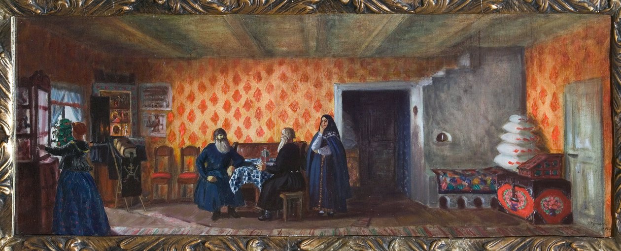 Voorbereidend decor voor het toneelstuk De dood van Pasukhin van Mikhail Saltykov-Shchedrin door Boris Mikhailovich Kustodiev