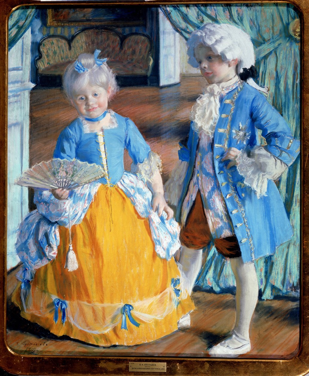 Kinderen in Rococo-kleding. De jongen draagt kousen en een pruik, het meisje houdt een kanten waaier vast. door Boris Mikhailovich Kustodiev