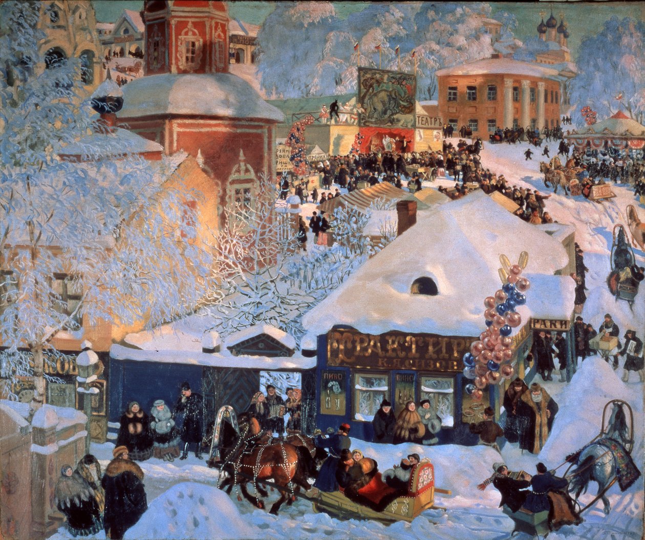 Winter, Vastenavond door Boris Mikhailovich Kustodiev