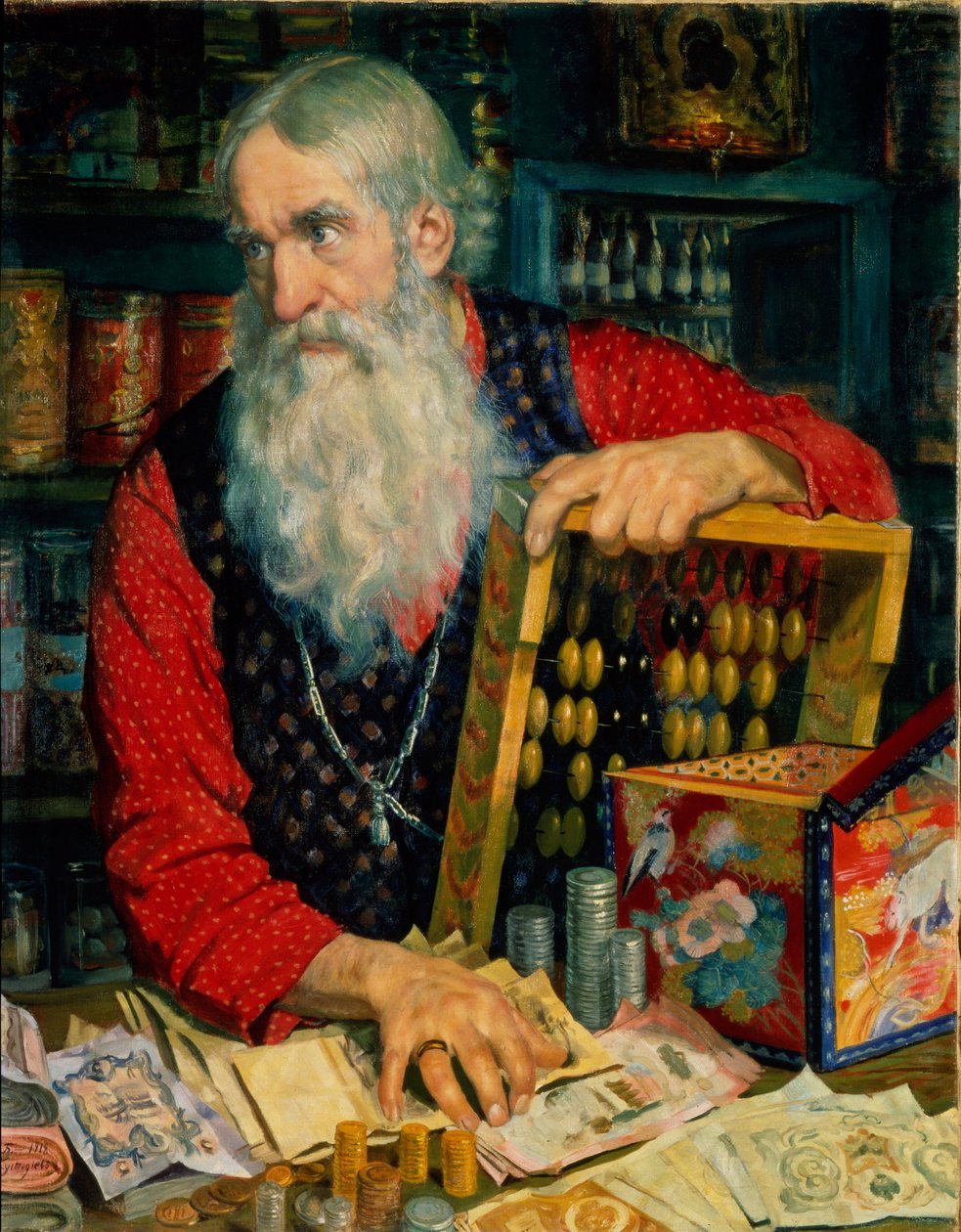 De koopman (oude man met geld en een telraam). Schilderij van Boris Michaylovich Kustodiev, olie op doek door Boris Mikhailovich Kustodiev
