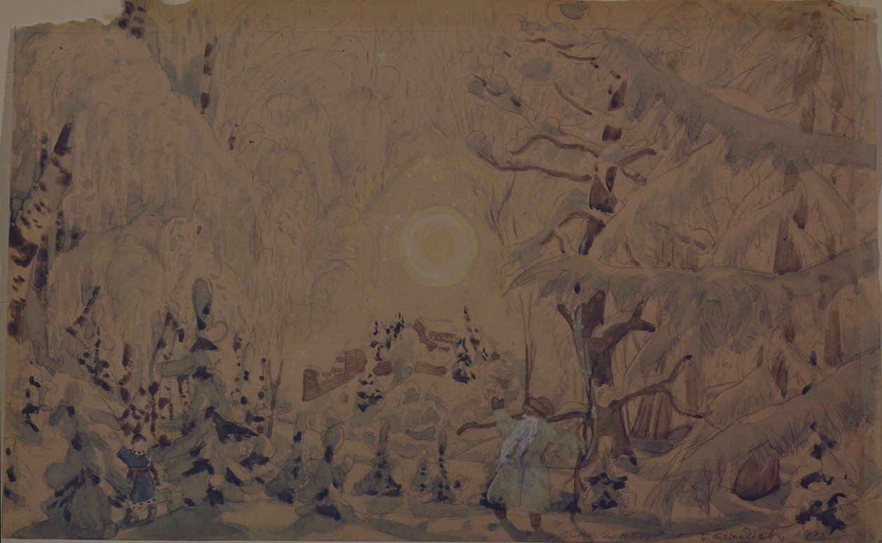 Toneelontwerp voor de opera De sneeuwmaagd door N. Rimsky-Korsakov, 1910 door Boris Mikhailovich Kustodiev