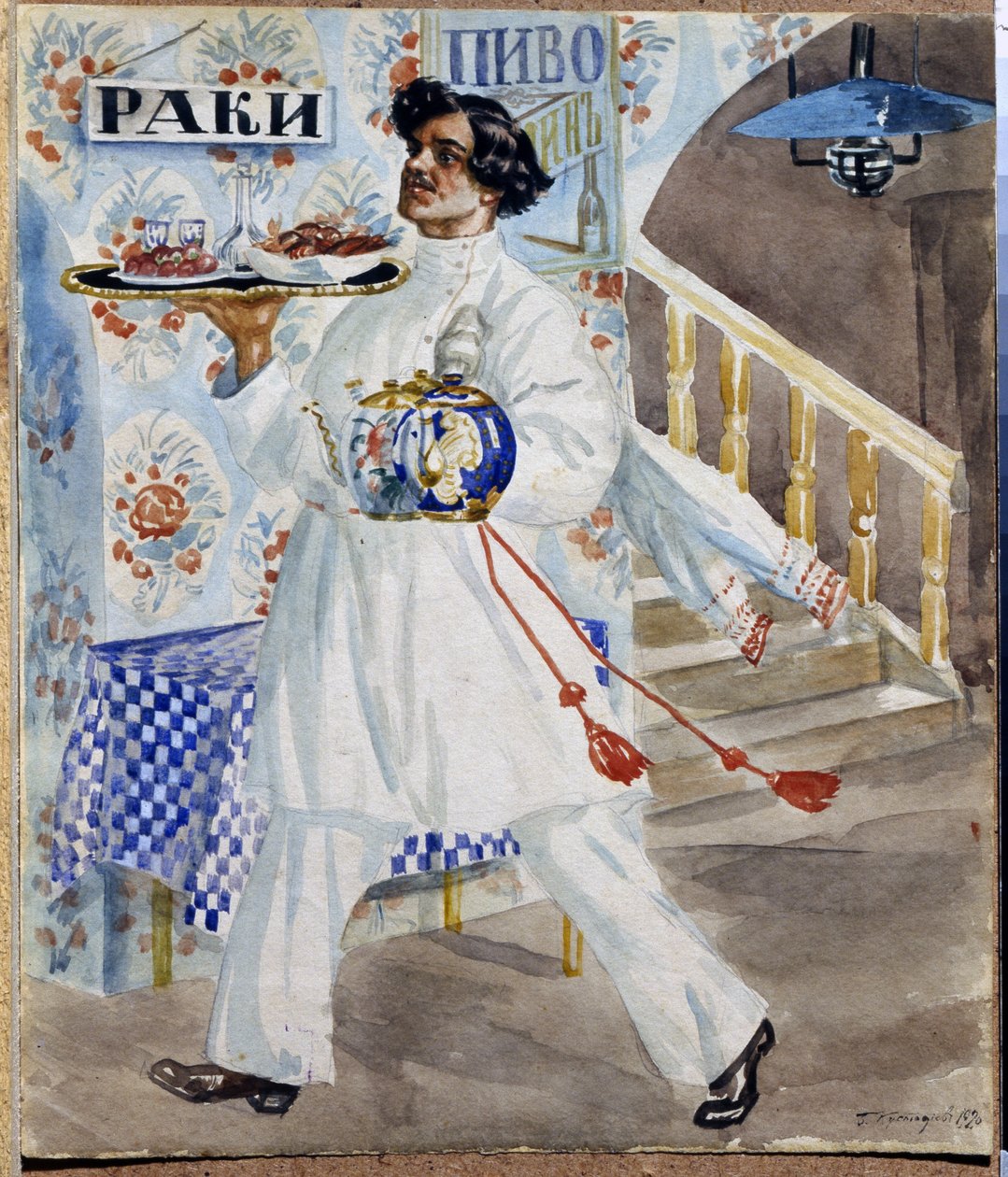 Een Russische ober in een taverne in Moskou die een dienblad met eten en theepotten draagt. door Boris Mikhailovich Kustodiev