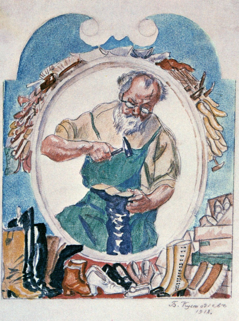 De schoenmaker, 1918 door Boris Mikhailovich Kustodiev