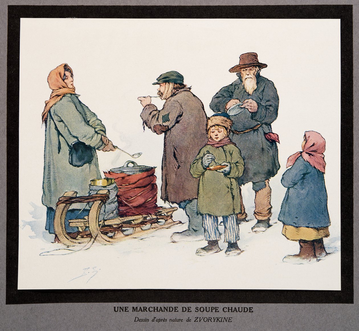 Een hete soepverkoper, uit Histoire des Soviets, pub. 1922 door Boris Vasilievich Zvorykin