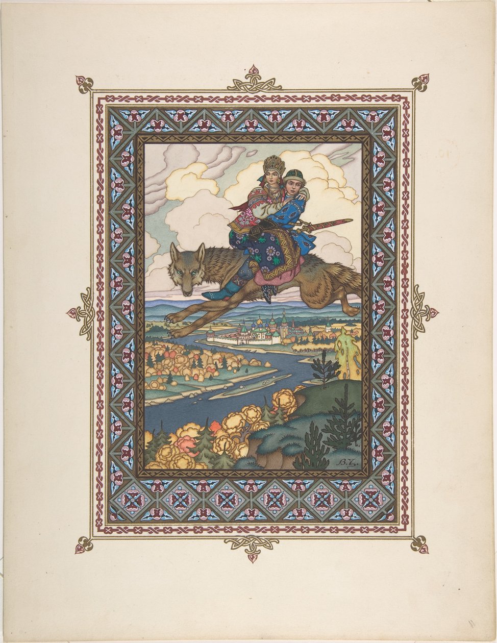 Illustratie voor het sprookje van Ivan Tsarevich, de Vuurvogel en de Grijze Wolf, ca. 1925 door Boris Vasilievich Zvorykin