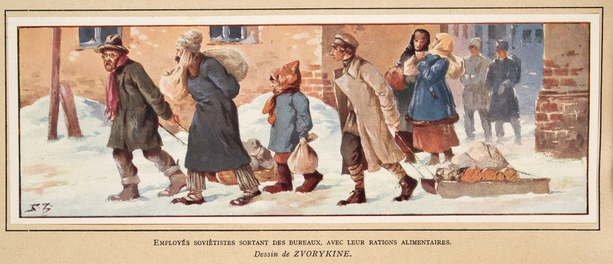 Sovjetarbeiders verlaten het kantoor met hun voedselrantsoenen, uit Histoire des Soviets, uitgegeven 1922 door Boris Vasilievich Zvorykin