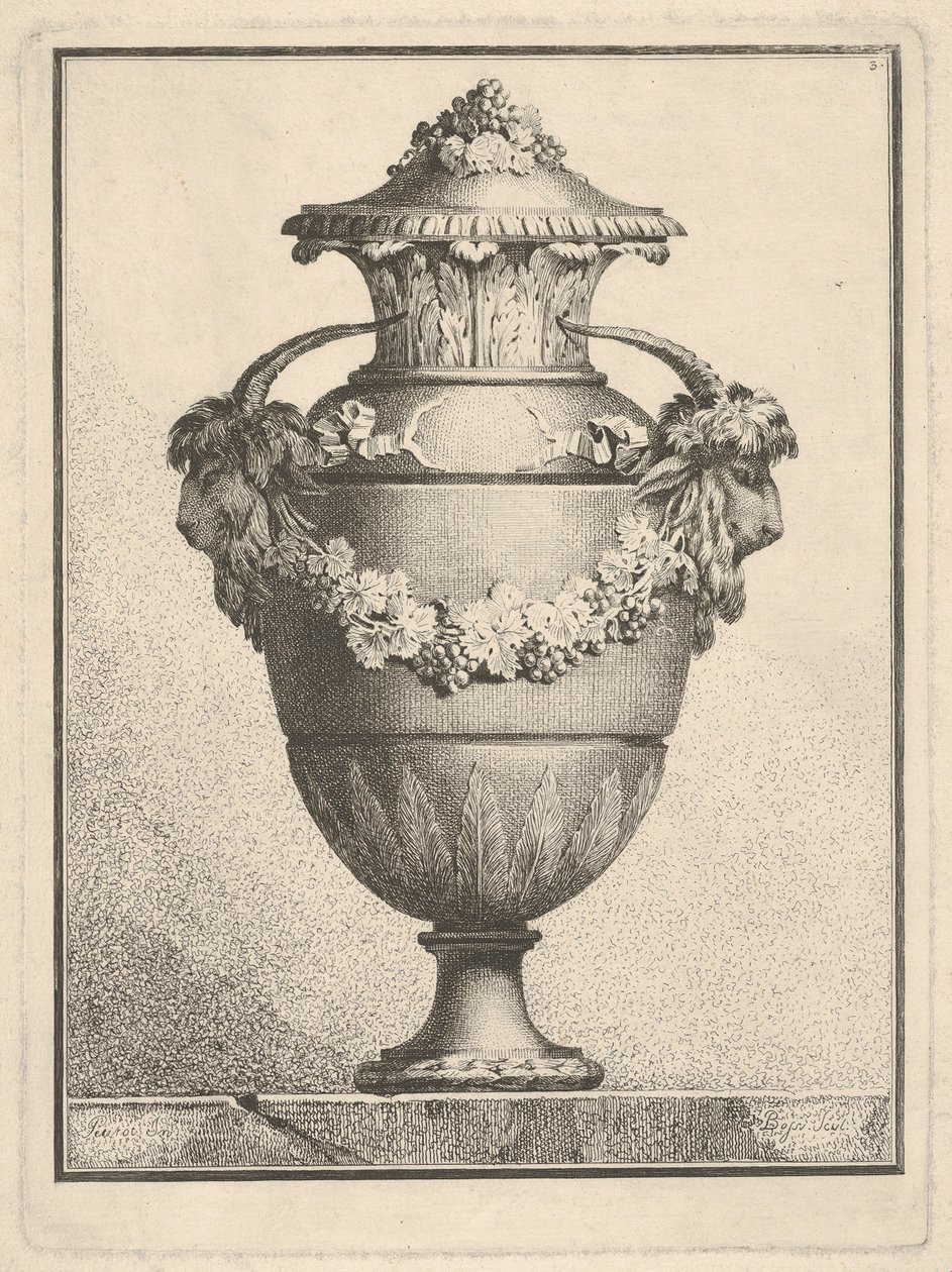 Ontwerp voor een gedekte vaas met twee geitenkoppen en een slinger, 1764 door Bossi