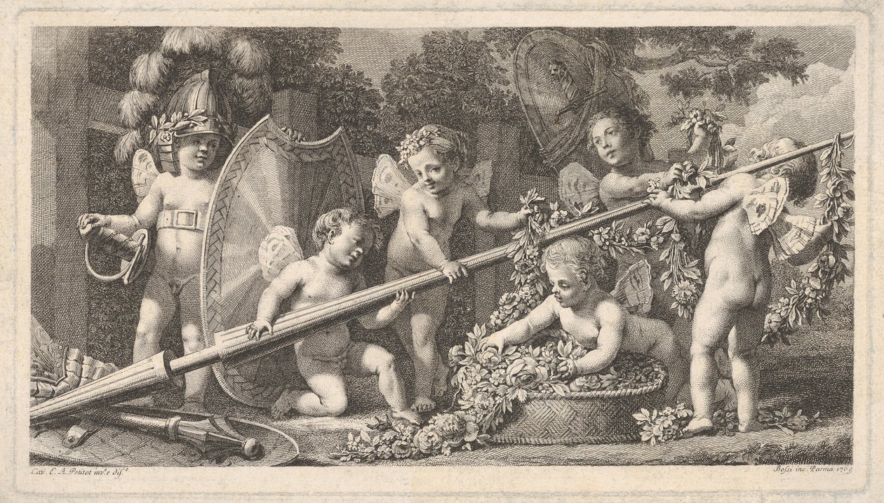 Zes putti spelen met de wapens van Mars, vier houden een grote lans vast door Bossi