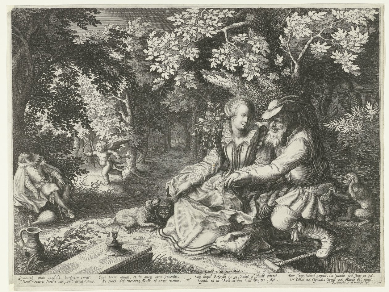 Dood en Cupido schieten elkaars pijlen af en oude man maakt jonge vrouw het hof door Boëtius Adamsz. Bolswert