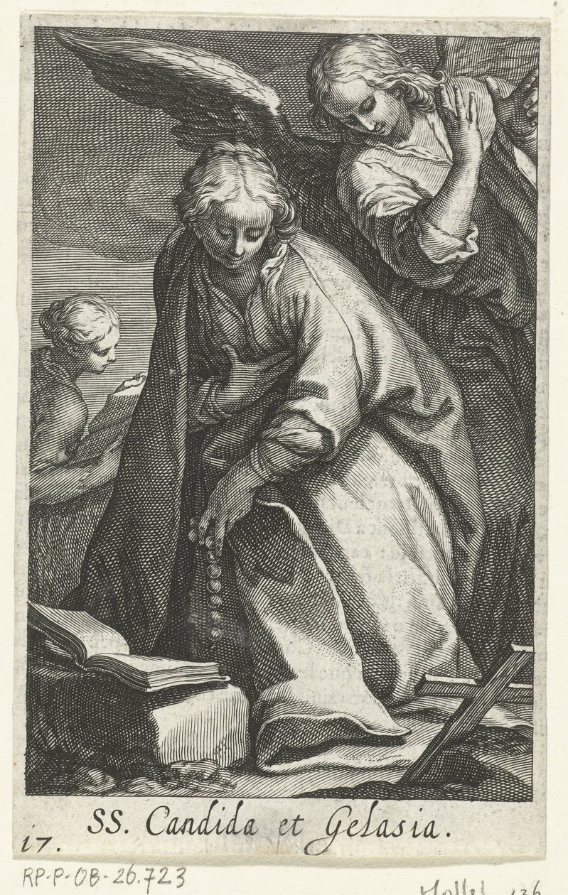 Heilige Candida en heilige Gelasia als kluizenaressen met engel door Boëtius Adamsz. Bolswert