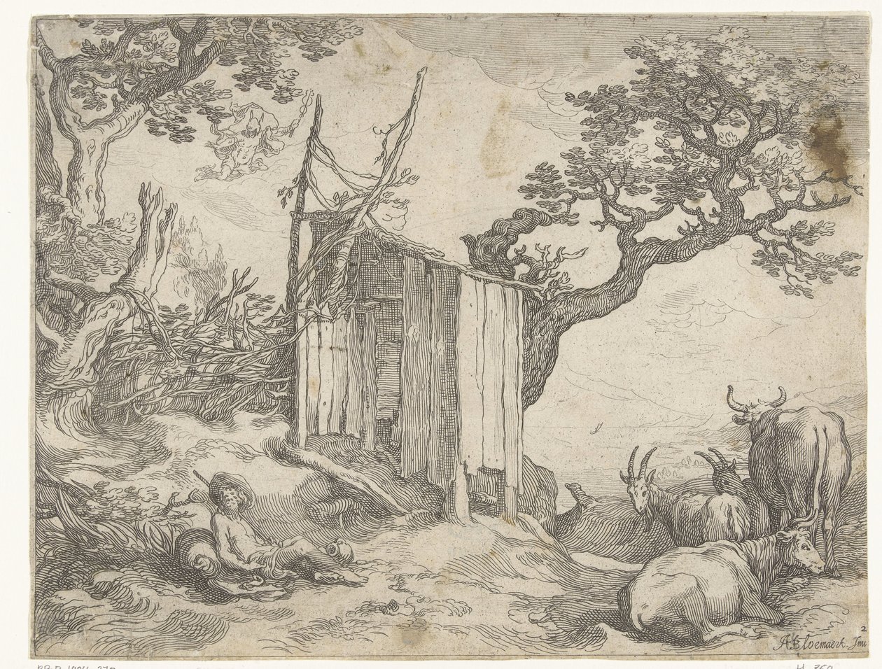 Landschap met Argus bij Io als koe en Mercurius in de lucht door Boëtius Adamsz. Bolswert