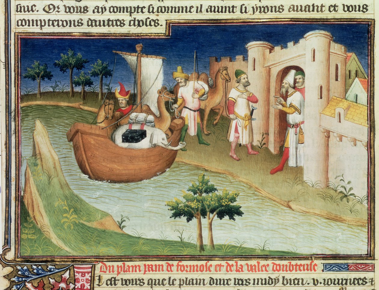 Marco Polo met olifanten en kamelen aankomend in Hormuz aan de Perzische Golf vanuit India, uit het 