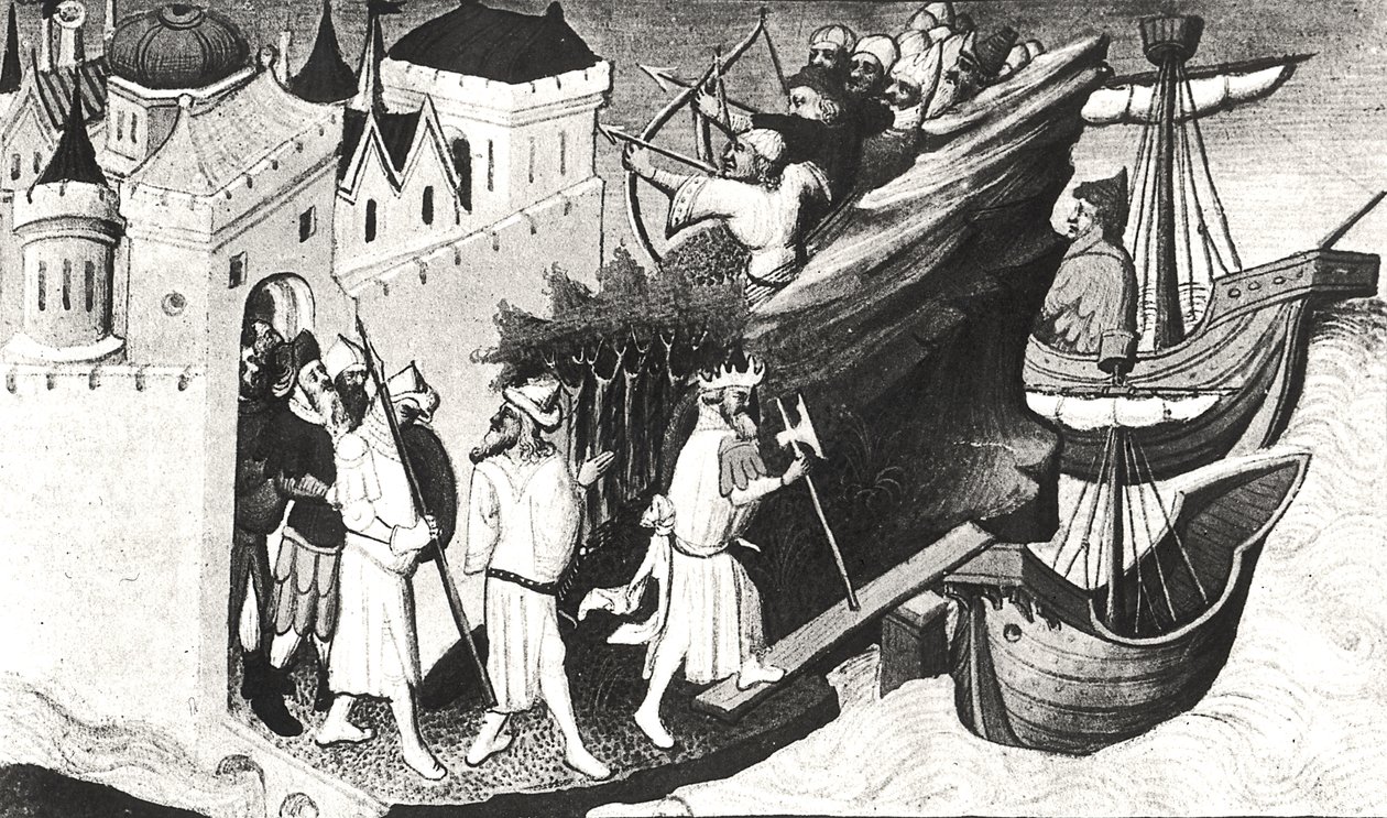 Ms Fr 2810 f.72, De soldaten van de Grote Khan nemen het eiland Sypangu in, uit het Livre des Merveilles du Monde, ca. 1410-12 (tempera op perkament) door Boucicaut Master