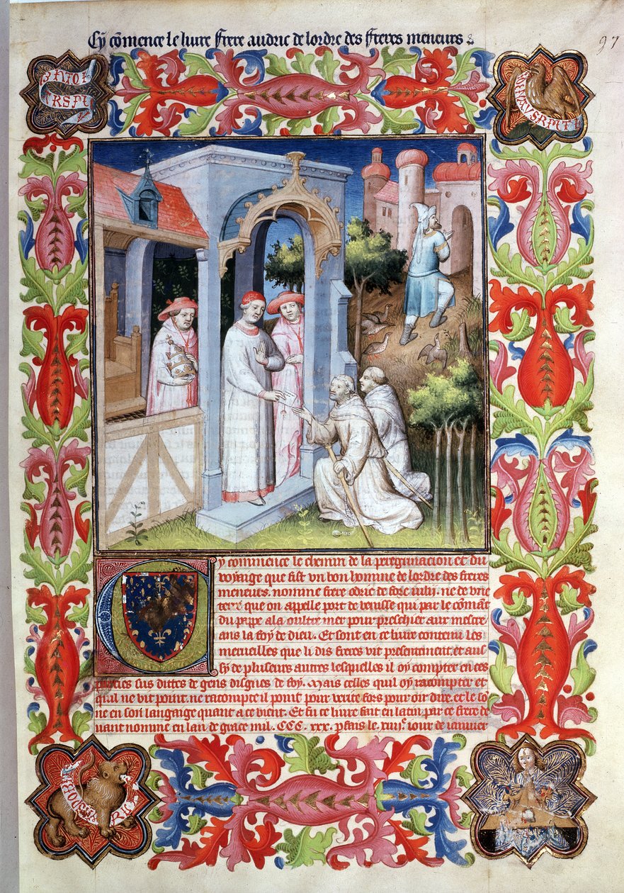 Ms Fr 2810 f.97, Odorico da Pordenone en James van Ierland nemen afscheid van paus Johannes XXII, uit het 