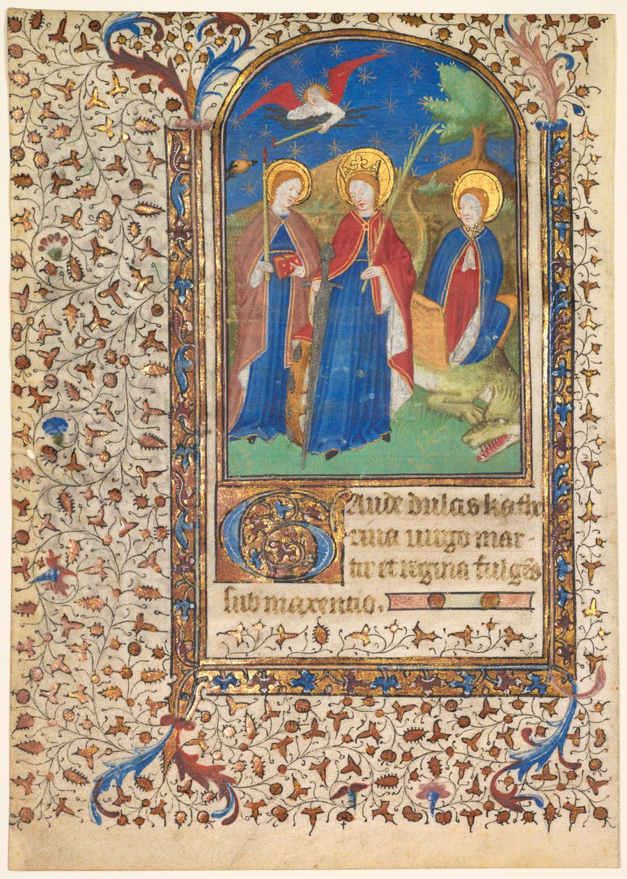 Blad uit een Getijdenboek: Sts. Geneviève, Catharina van Alexandrië, en Margaretha recto..., ca. 1415 door Boucicaut Master