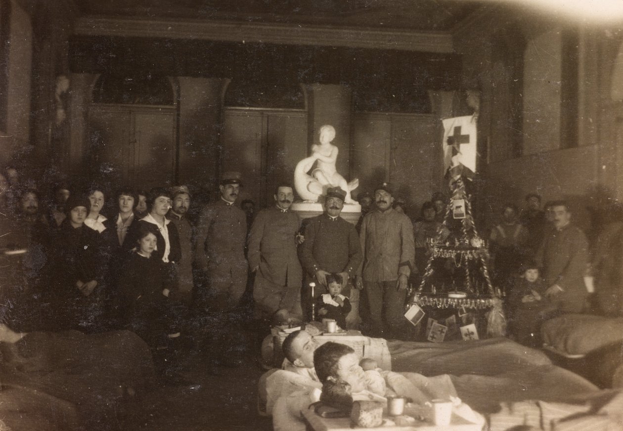 Album van de Eerste Wereldoorlog in Friuli-Venezia Giulia: groepsportret op eerste kerstdag in Villa Brazzà, thuis voor 17 van het oorlogshospitaal in Soleschiano Manzano, 25/12/1915 door Bourbon Del Monte