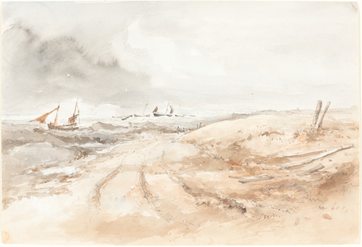 Kustscène met Boten in Woelig Water door British 19th Century